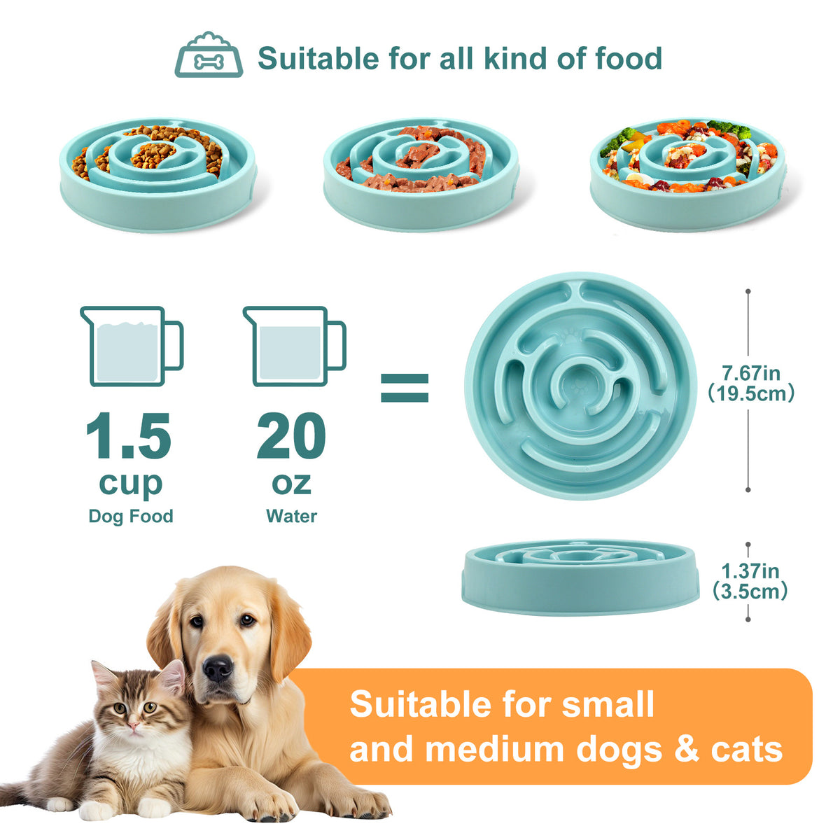 Slow Feeder Dog Bowl — product specifications showing capacity, dimensions and suitability for small and medium dogs and cats