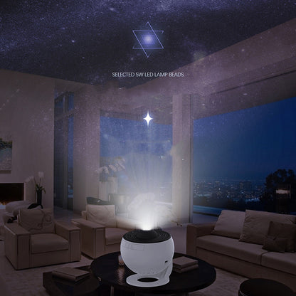 Galaxy Star Projector Light — white projector in a living room projecting a starry sky with LED lamp beads on the ceiling
