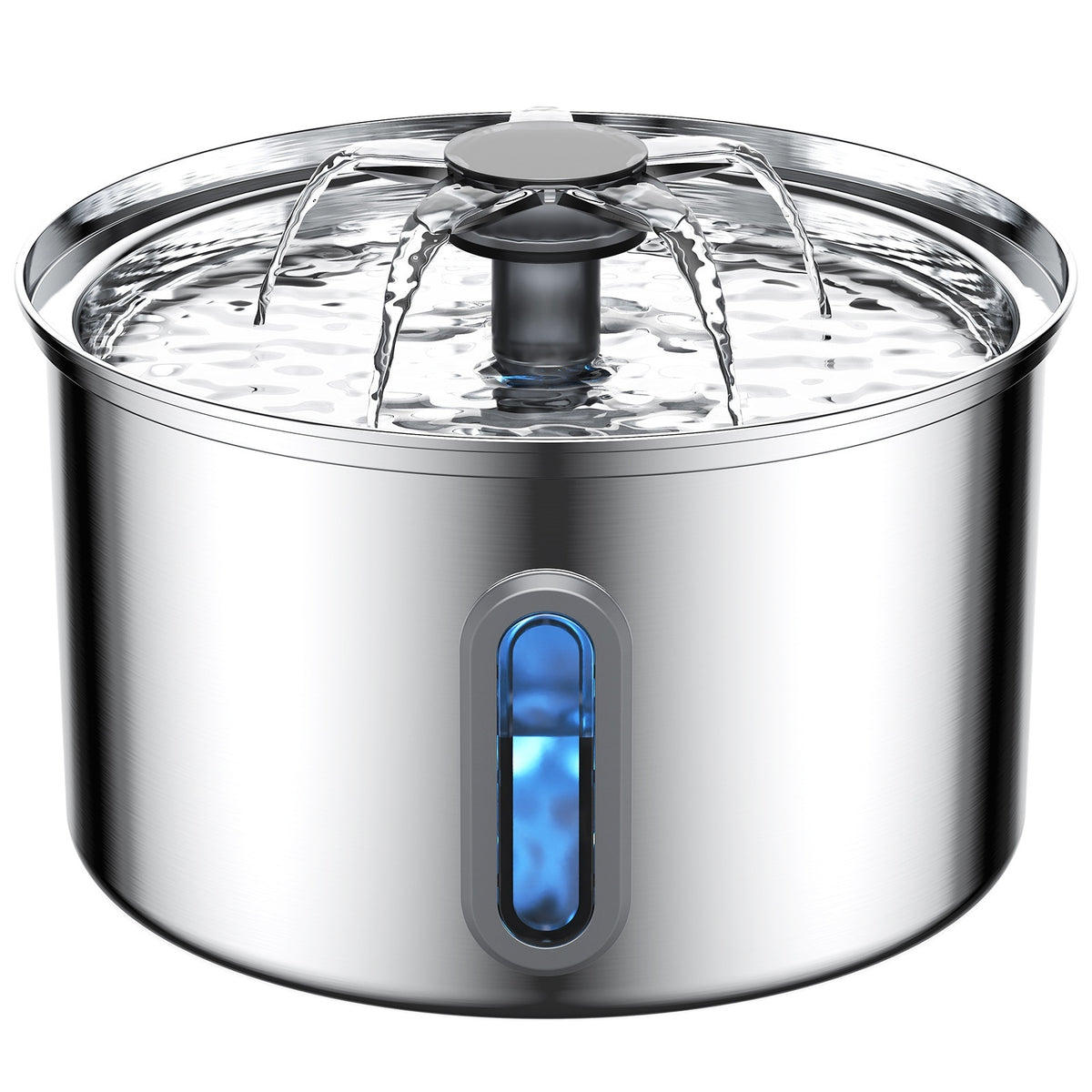 Automatic Stainless Steel Cat Water Fountain — stainless steel fountain with flowing water and blue water level window