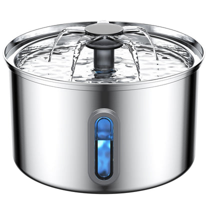 Automatic Stainless Steel Cat Water Fountain — stainless steel fountain with flowing water and blue water level window