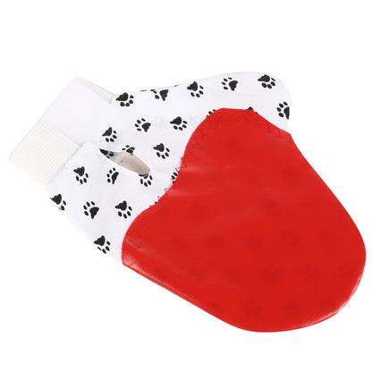 Pet Deshedding Grooming Gloves — red silicone grooming mitt with white paw-print cuff on white background