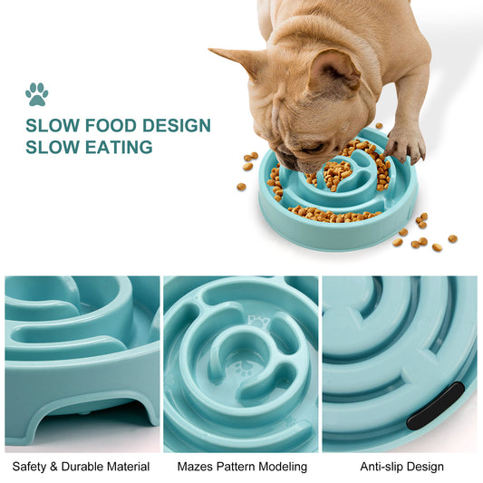 Slow Feeder Dog Bowl — French bulldog eating from blue maze bowl, showing safety, maze pattern and anti-slip features