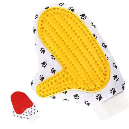 Pet Deshedding Grooming Gloves — yellow grooming mitt with white paw-print cuff and small inset of the red mitt