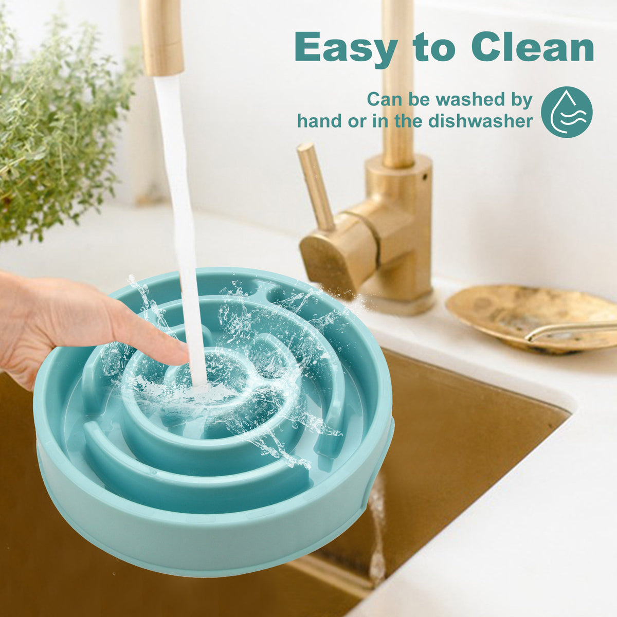 Slow Feeder Dog Bowl — blue maze bowl being washed under a faucet, showing easy to clean design