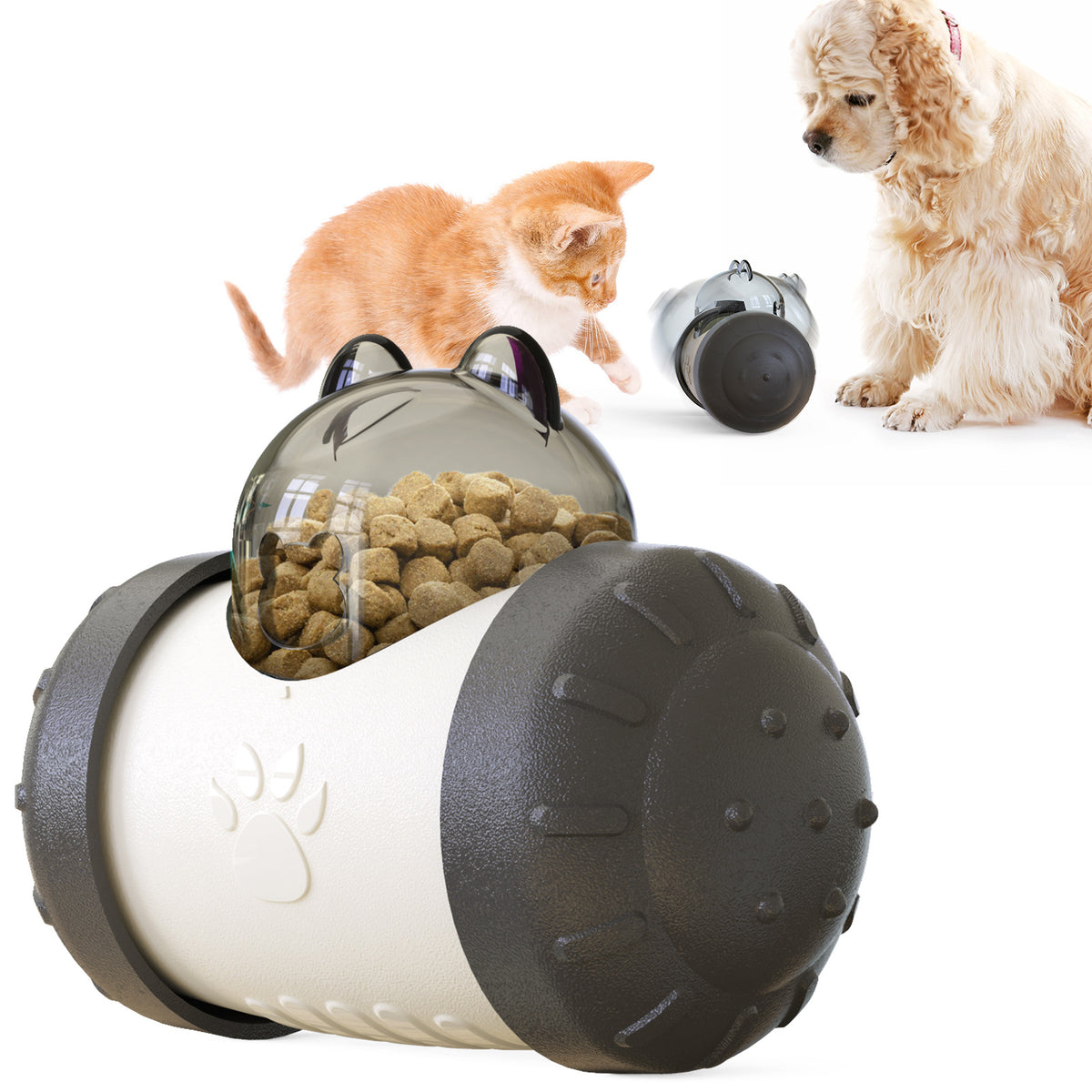 Interactive Treat-Dispensing Cat Ball — black treat-dispensing ball with cats