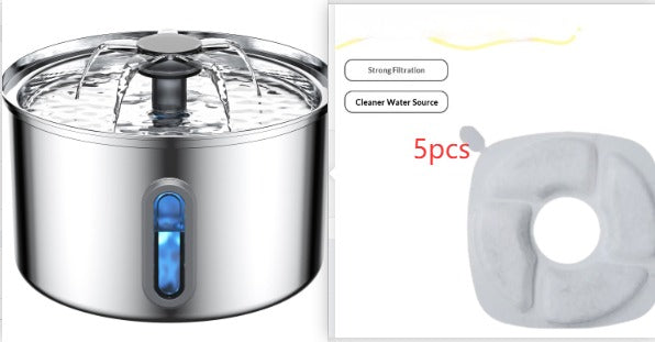 Automatic Stainless Steel Cat Water Fountain — Set1 variant with stainless steel fountain and 5 filter cartridges