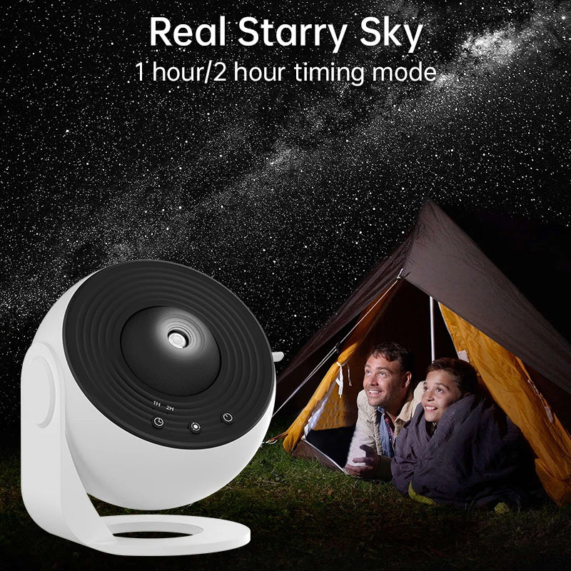 Galaxy Star Projector Light — white projector with 'Real Starry Sky' text showing a father and son in a tent viewing stars, advertising 1 hour/2 hour timing mode
