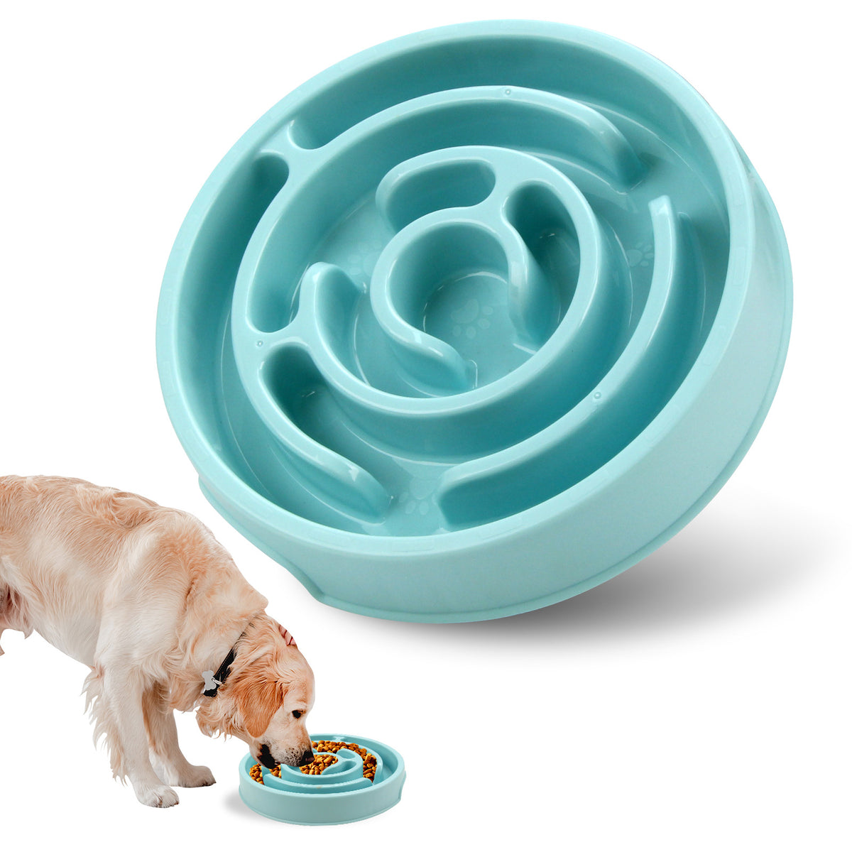 Slow Feeder Dog Bowl — blue maze bowl with a golden retriever eating kibble
