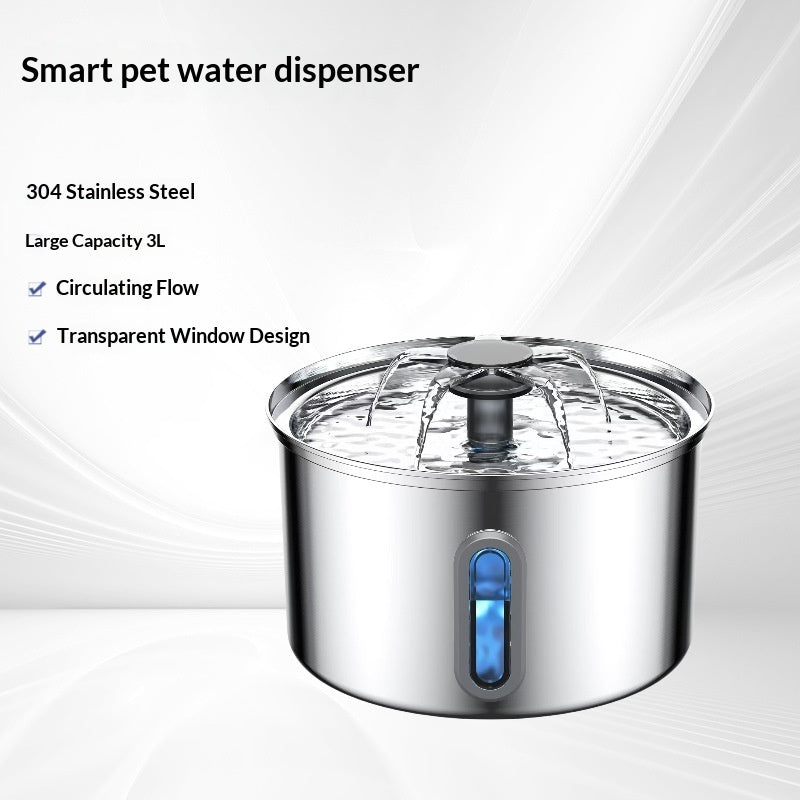 Automatic Stainless Steel Cat Water Fountain — stainless steel smart pet water dispenser with circulating flow and transparent window