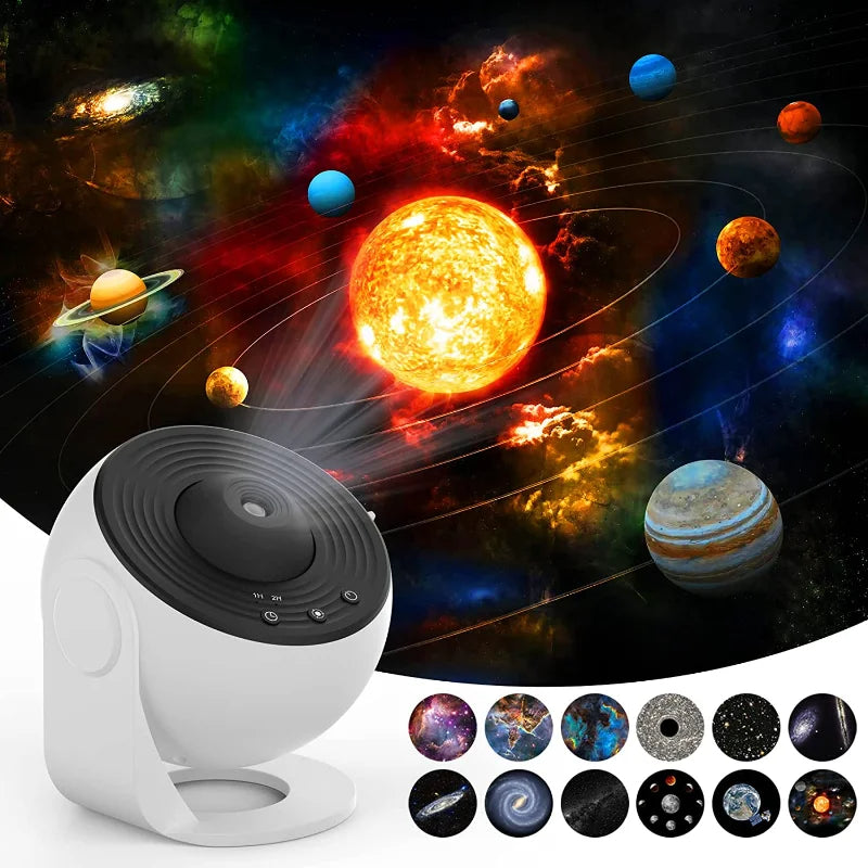 Galaxy Star Projector Light — white projector displaying a colorful solar system scene with planets orbiting the sun, showing 12 available projection scenes