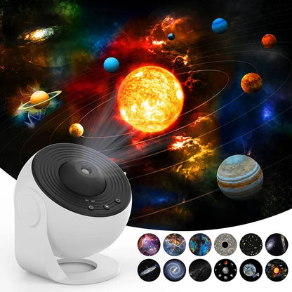 Galaxy Star Projector Light — white projector displaying a colorful solar system scene with planets orbiting the sun, showing 12 available projection scenes