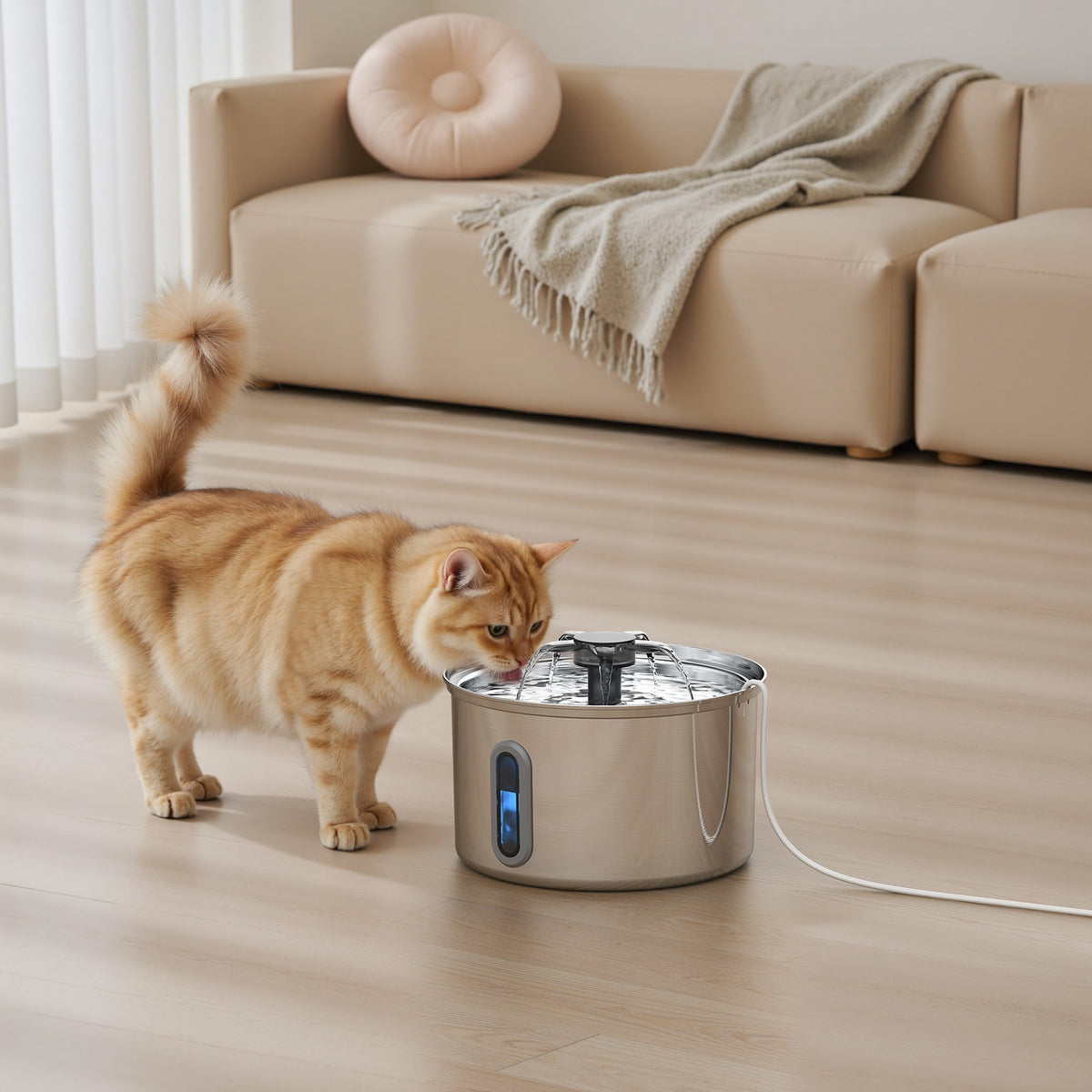 Automatic Stainless Steel Cat Water Fountain — orange cat drinking water from the stainless steel fountain in a living room
