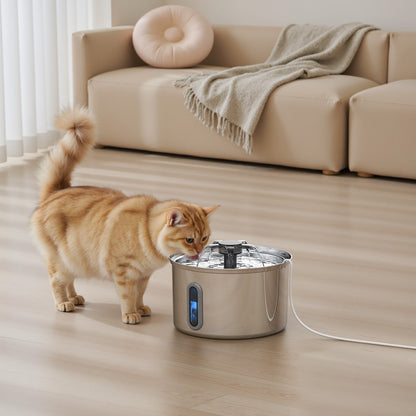 Automatic Stainless Steel Cat Water Fountain — orange cat drinking water from the stainless steel fountain in a living room