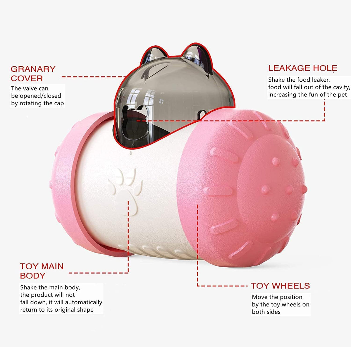 Interactive Treat-Dispensing Cat Ball — pink ball diagram showing dimensions