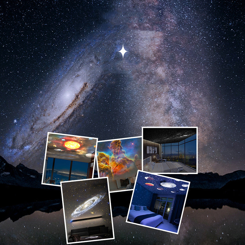 Galaxy Star Projector Light — galaxy background with five photos showing example room projections on ceilings in living rooms and bedrooms