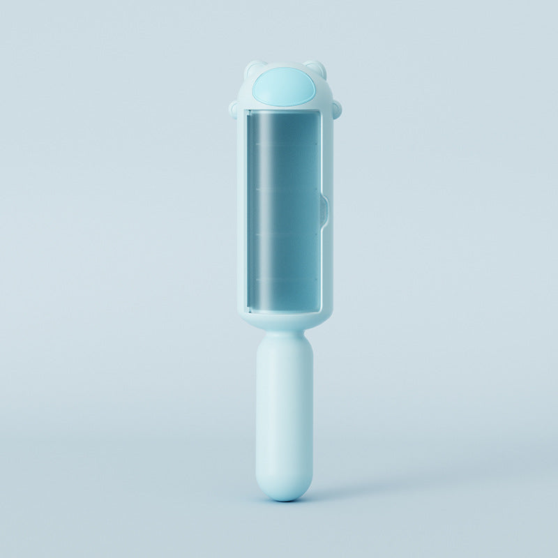 Reusable Pet Hair Remover Roller — blue roller with bear-ear design and transparent collection chamber