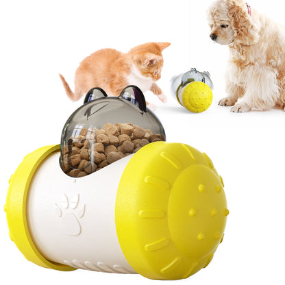 Interactive Treat-Dispensing Cat Ball — yellow treat-dispensing ball with cats