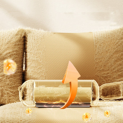 Reusable Pet Hair Remover Roller — transparent roller picking up pet hair from a fabric sofa with motion arrow