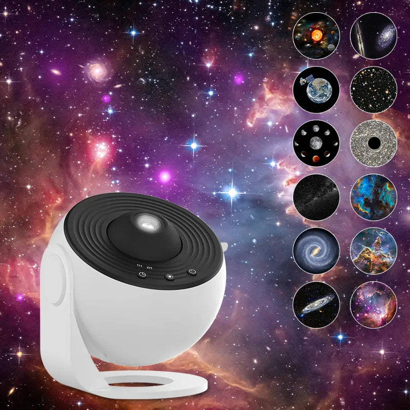 Galaxy Star Projector Light — white spherical projector with 12 circular thumbnails showing projection scenes including solar system, galaxies, Earth, moon phases, and nebulae