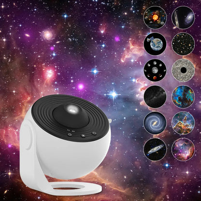 Galaxy Star Projector Light — white spherical projector with 12 circular thumbnails showing projection scenes including solar system, galaxies, Earth, moon phases, and nebulae