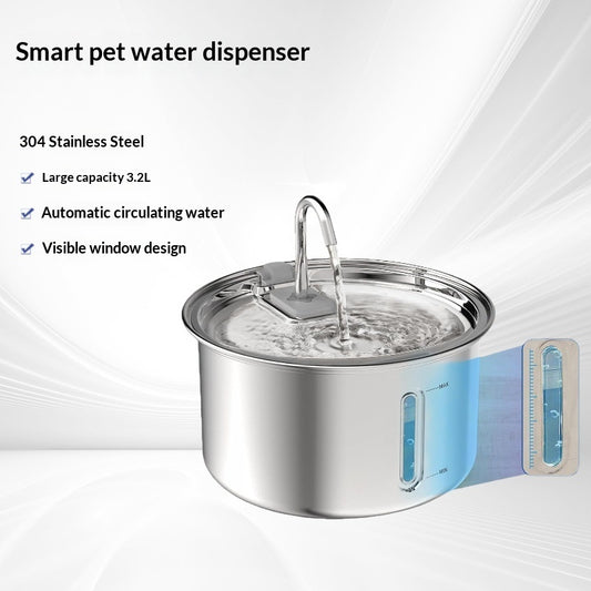 Automatic Stainless Steel Cat Water Fountain — smart pet water dispenser with 3.2L capacity, automatic circulating water and visible window design