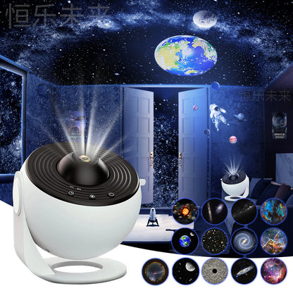 Galaxy Star Projector Light — white spherical projector in a room with Earth, moon, and starry sky projected on the ceiling, showing 13 projection scene thumbnails