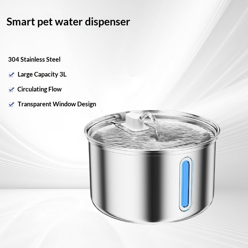 Automatic Stainless Steel Cat Water Fountain — smart pet water dispenser with 3L capacity, circulating flow and transparent window design