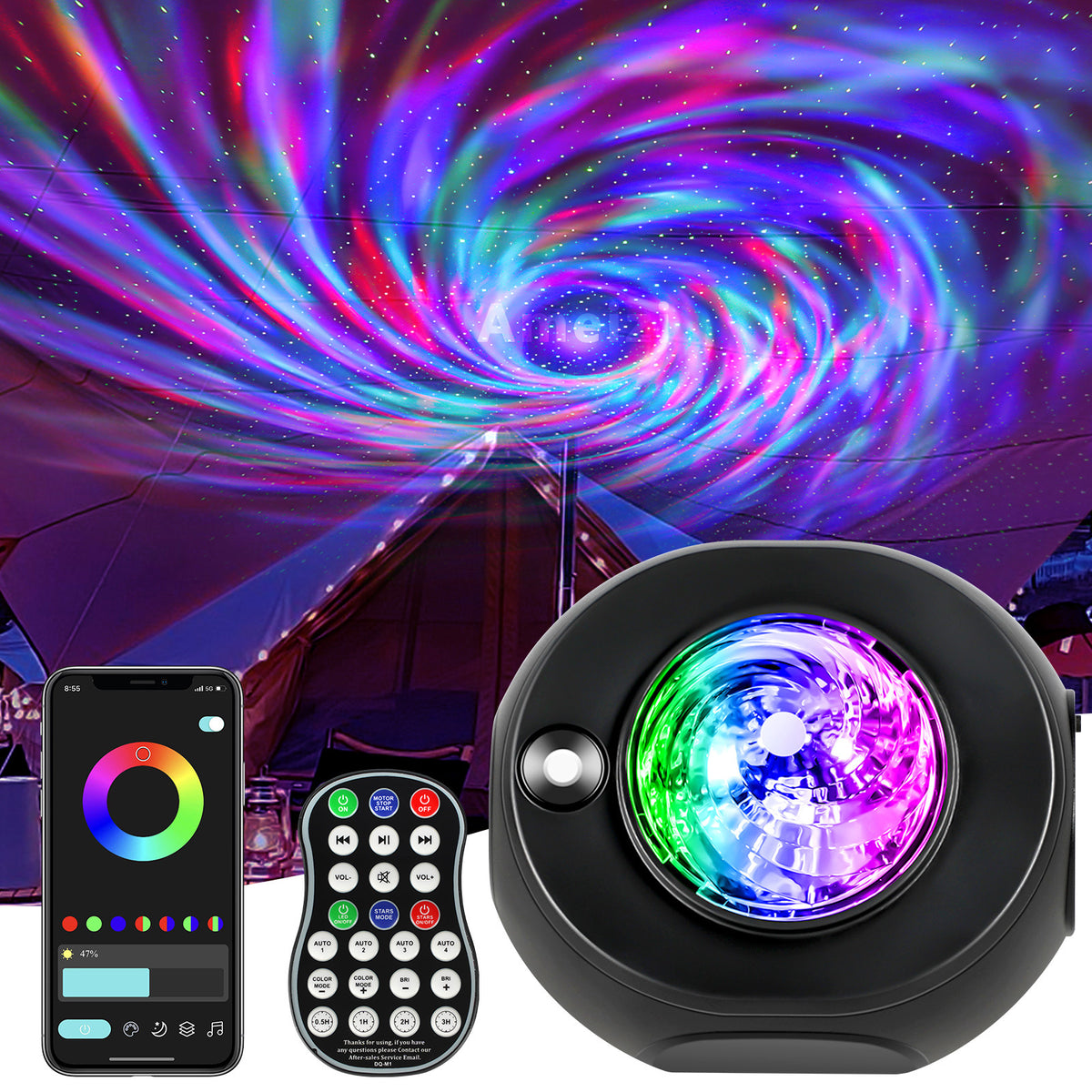 App-Controlled Galaxy Star Projector with Music Sync — star projector device with phone app and remote control against a galaxy swirl background