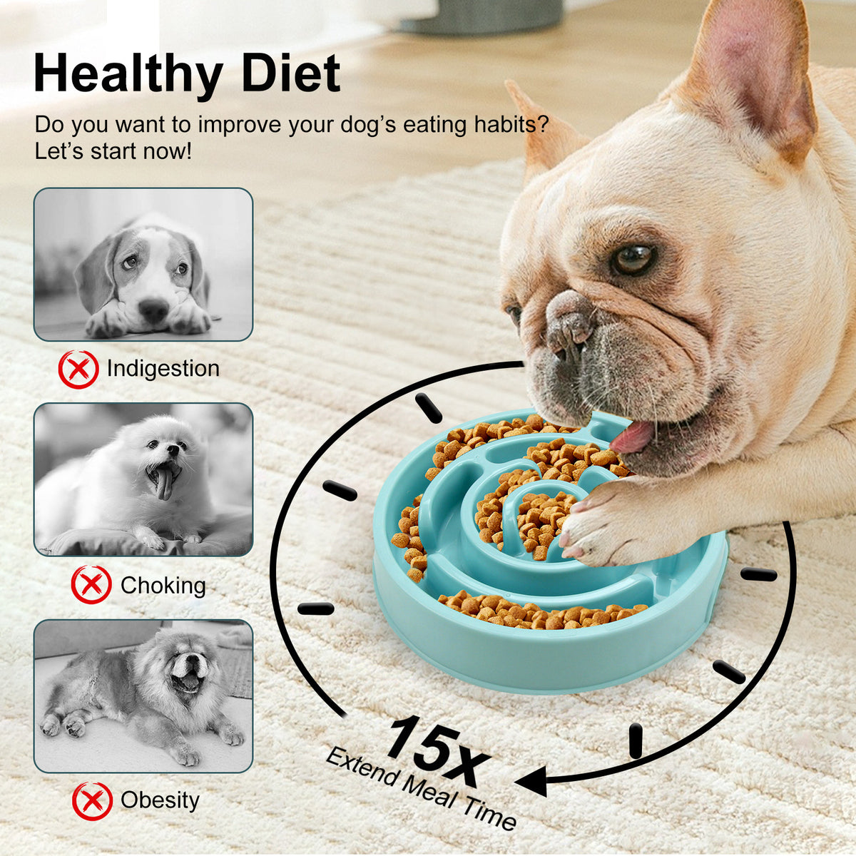 Slow Feeder Dog Bowl — French bulldog eating from a blue maze bowl, illustrating healthy diet benefits with 15x extended meal time
