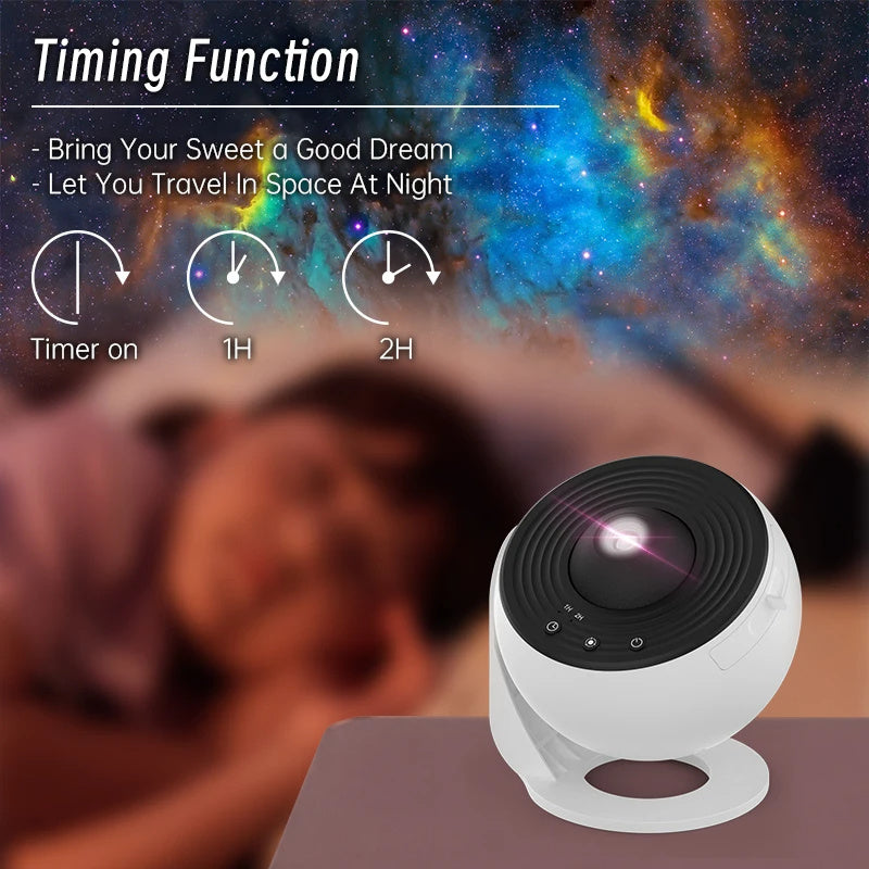 Galaxy Star Projector Light — marketing graphic showing Timing Function with 1 hour and 2 hour timer options, white projector with colorful nebula background