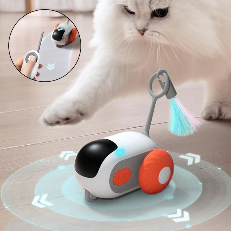 Remote Control Interactive Cat Car Toy — white and orange self-moving cat car with remote control