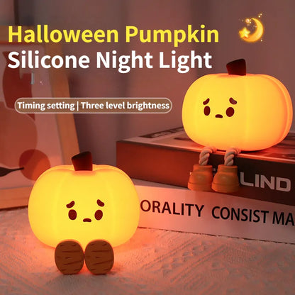 Halloween Pumpkin Silicone Night Light — two glowing pumpkin night lights with cute sad faces and little legs, advertising timing setting and three level brightness
