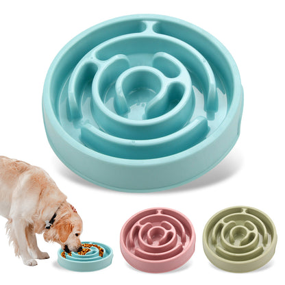 Slow Feeder Dog Bowl — blue, pink and green maze bowls with a golden retriever eating kibble
