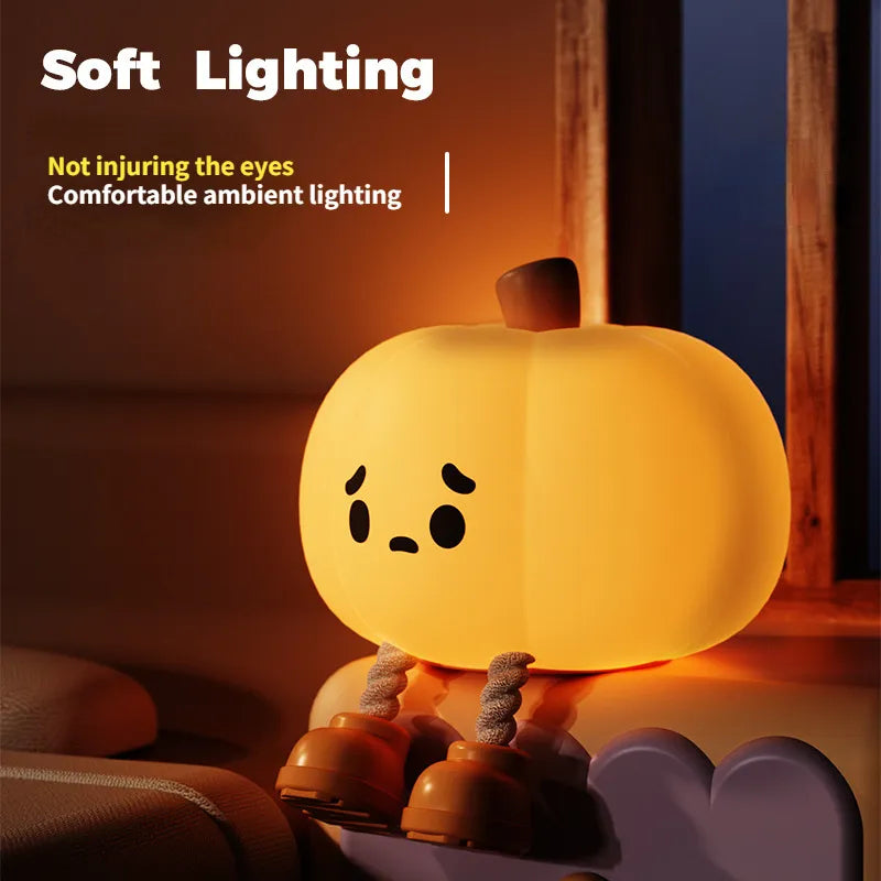 Halloween Pumpkin Silicone Night Light — glowing pumpkin with cute sad face on a couch, advertising soft lighting that is comfortable and not injuring to the eyes