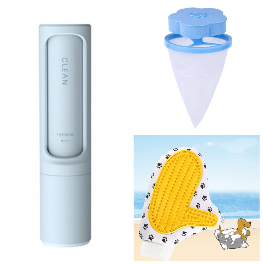 Pet Deshedding Grooming Gloves — lint roller and blue mesh laundry pet-hair filter beside the yellow grooming mitt
