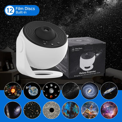 Galaxy Star Projector Light — white projector with product box showing 12 built-in film discs and 12 projection scene thumbnails
