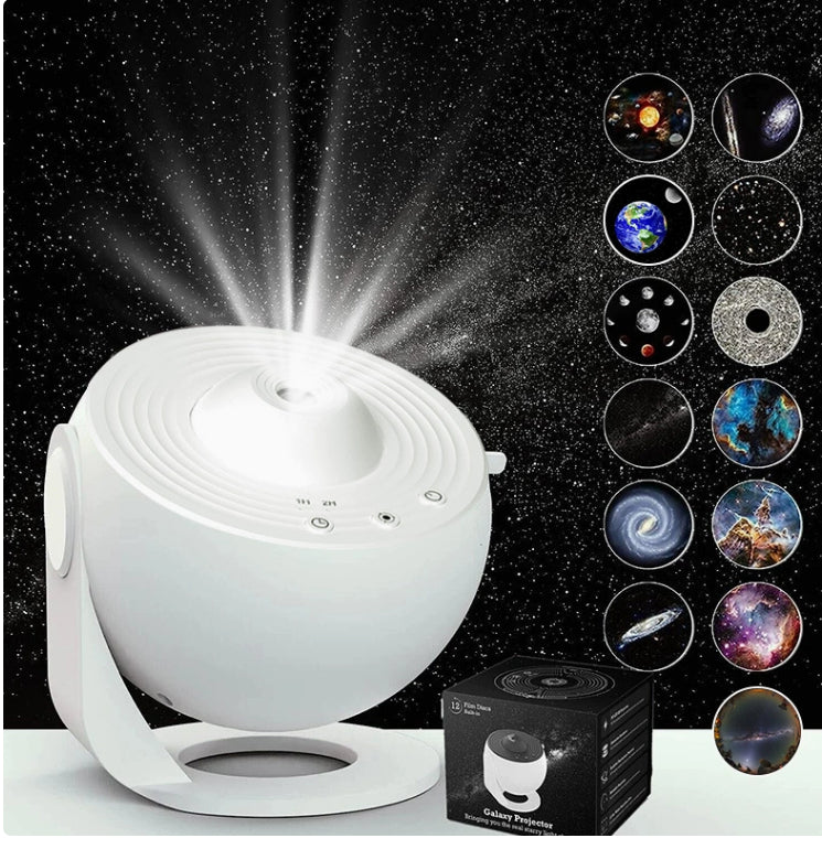 Galaxy Star Projector Light — white projector emitting a light beam with 13 circular thumbnails showing projection scenes and product box