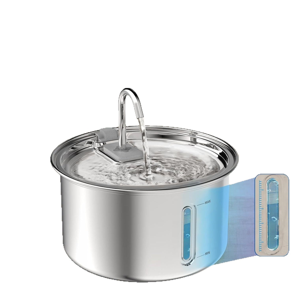 Automatic Stainless Steel Cat Water Fountain — stainless steel fountain with flowing water and transparent water level window with MIN MAX markings