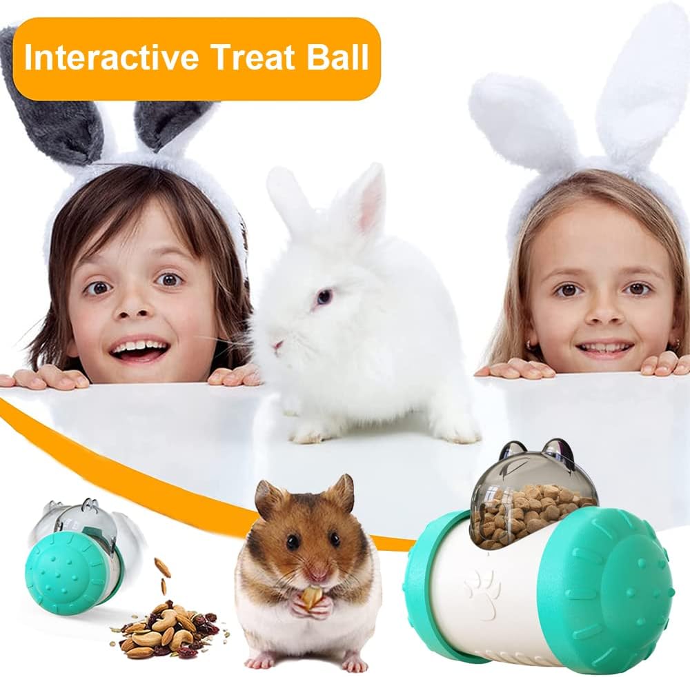 Interactive Treat-Dispensing Cat Ball — child holding a white rabbit beside the treat ball