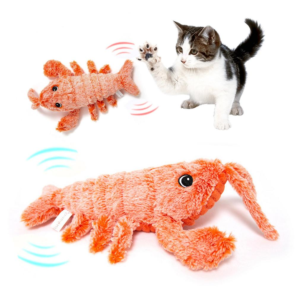 Electric Jumping Shrimp Cat Toy — orange plush shrimp toy that jumps and wiggles when touched