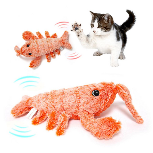 Electric Jumping Shrimp Cat Toy — orange plush shrimp toy that jumps and wiggles when touched