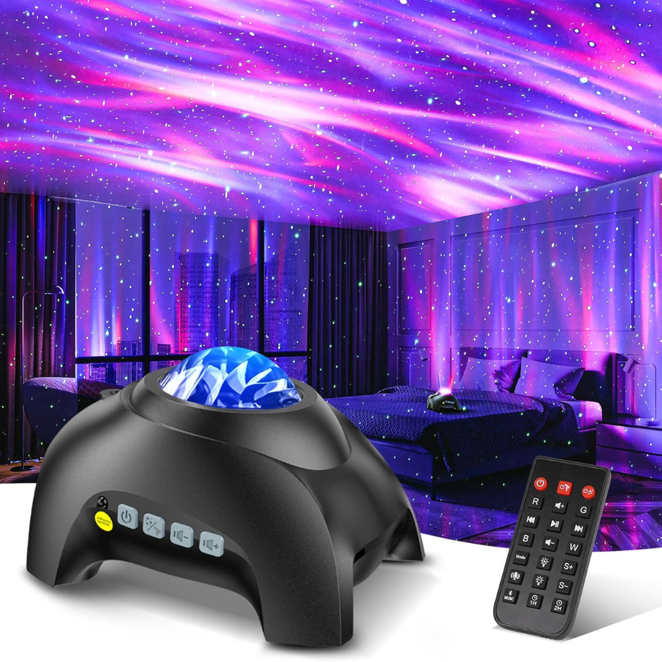 Galaxy Projector with Bluetooth Speaker & White Noise Sound Machine — black projector with remote projecting a purple nebula galaxy on a bedroom ceiling