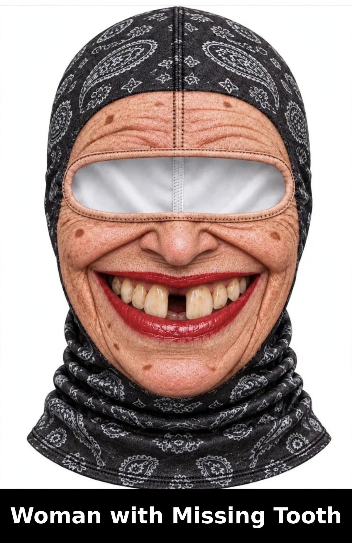 Realistic Winter Ski Mask — Woman with Missing Tooth design