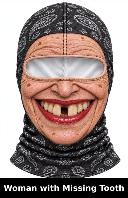Realistic Winter Ski Mask — Woman with Missing Tooth design