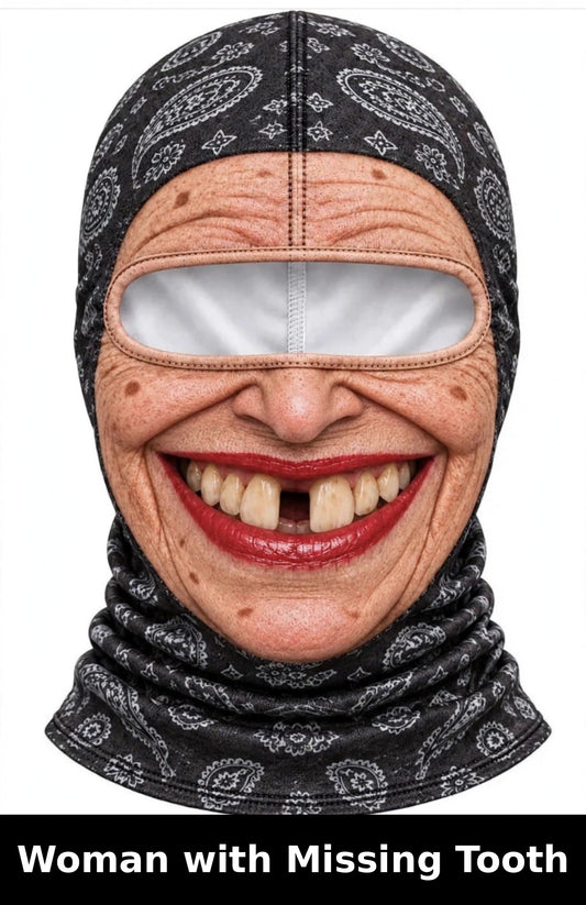 Realistic Winter Ski Mask — Woman with Missing Tooth design